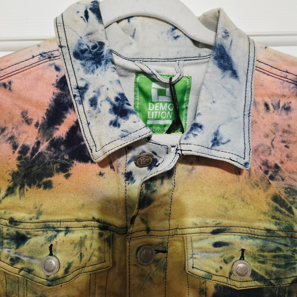DEMOLITION Tie Dye Denim Jacket Hip Hop Orange Blue Pink Yellow Grunge Y2K S NWT